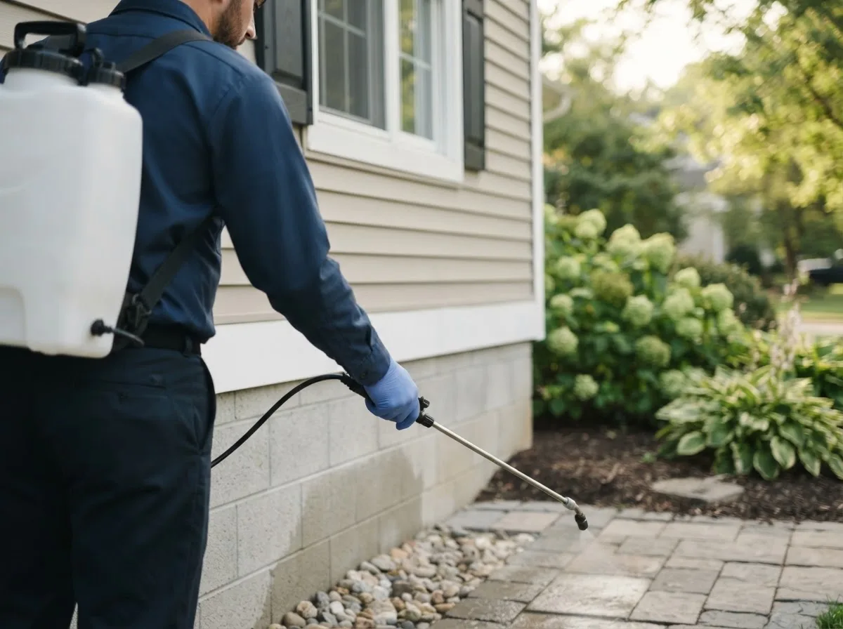 Pest control technician inspecting a home in Sioux Rapids, IA